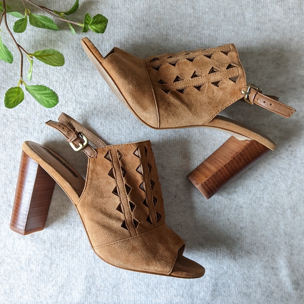Tahari | Marvel | Suede Perforated Peep Toe Slingback Block Heel Sandal